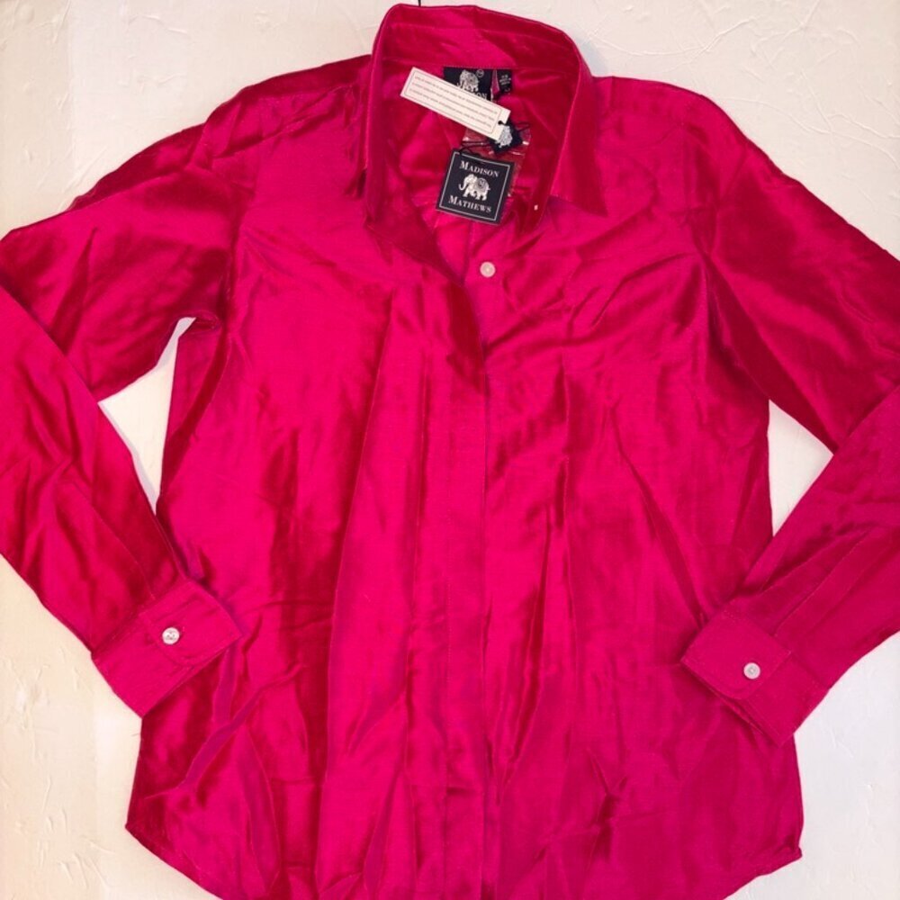 NEW NWT Madison Mathews 100% Silk Pink Red Holiday Blouse size XS